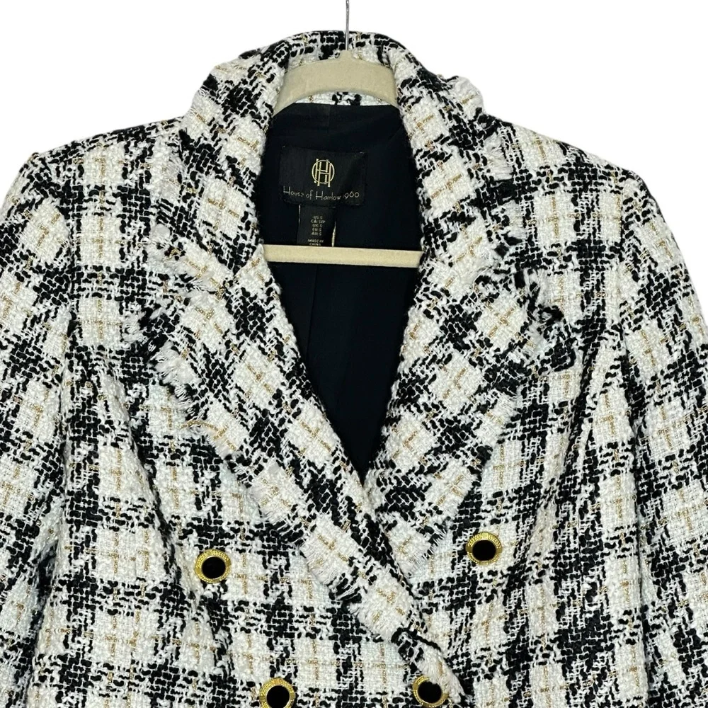 House of Harlow Plaid Tweed Metallic Fringe Wool Blend Blazer| S